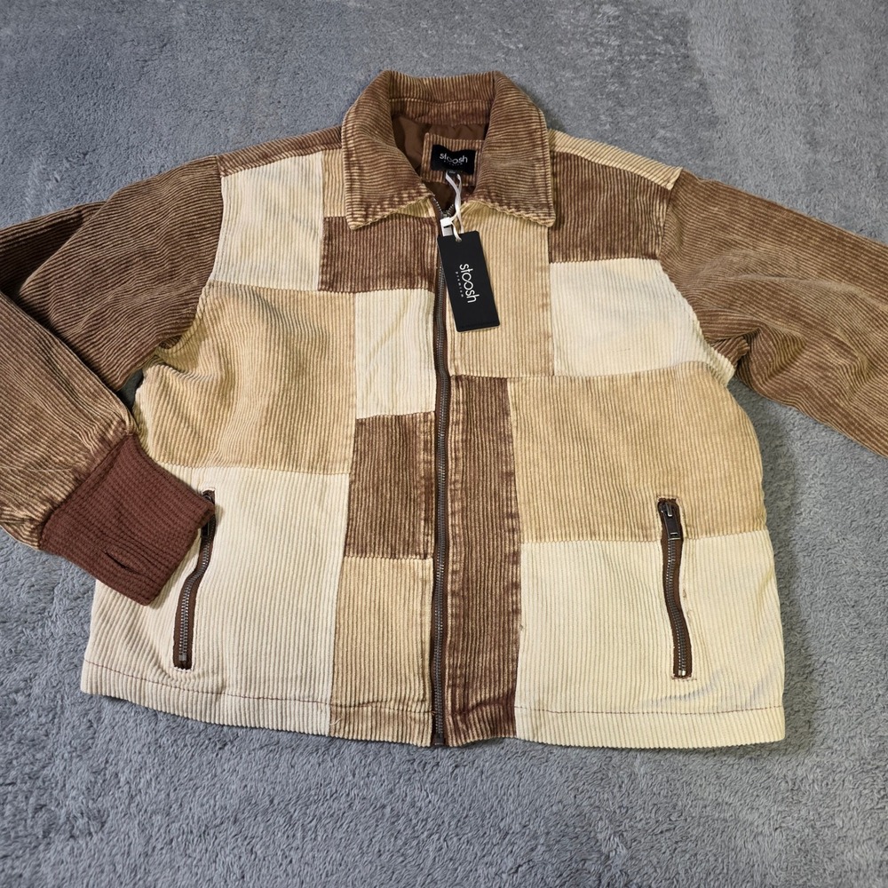 Stoosh Mens M Corduroy Jacket Tan Brown Patchwork Full Zip Collared SP14212
